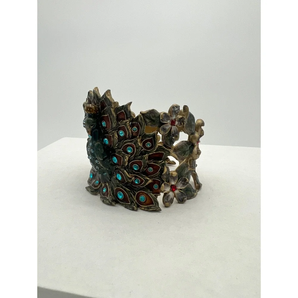 Jeweled Peacock Votive Candle Holder Gold Tone Enamel Rhinestone Floral Decor